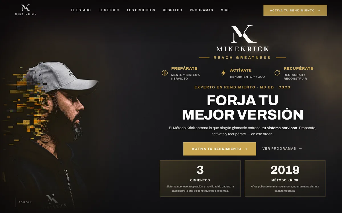 Portada de mikekrick.com: el hero del sitio construido para Mike Krick